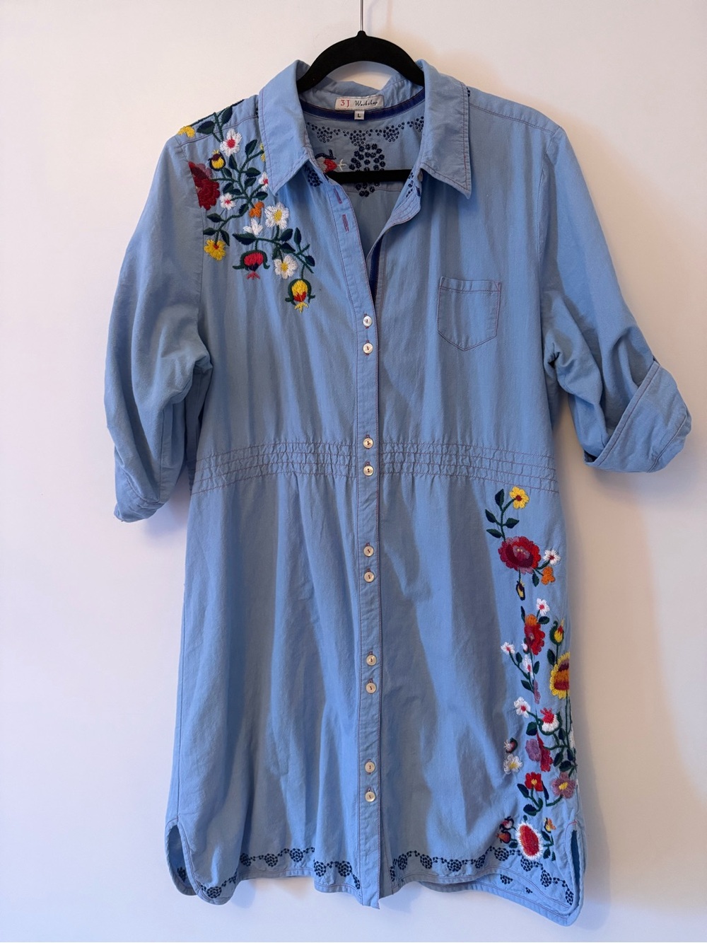 3J Workshop by Johnny Was Light Blue Embroidered Button-Front Shirt Dress Size L